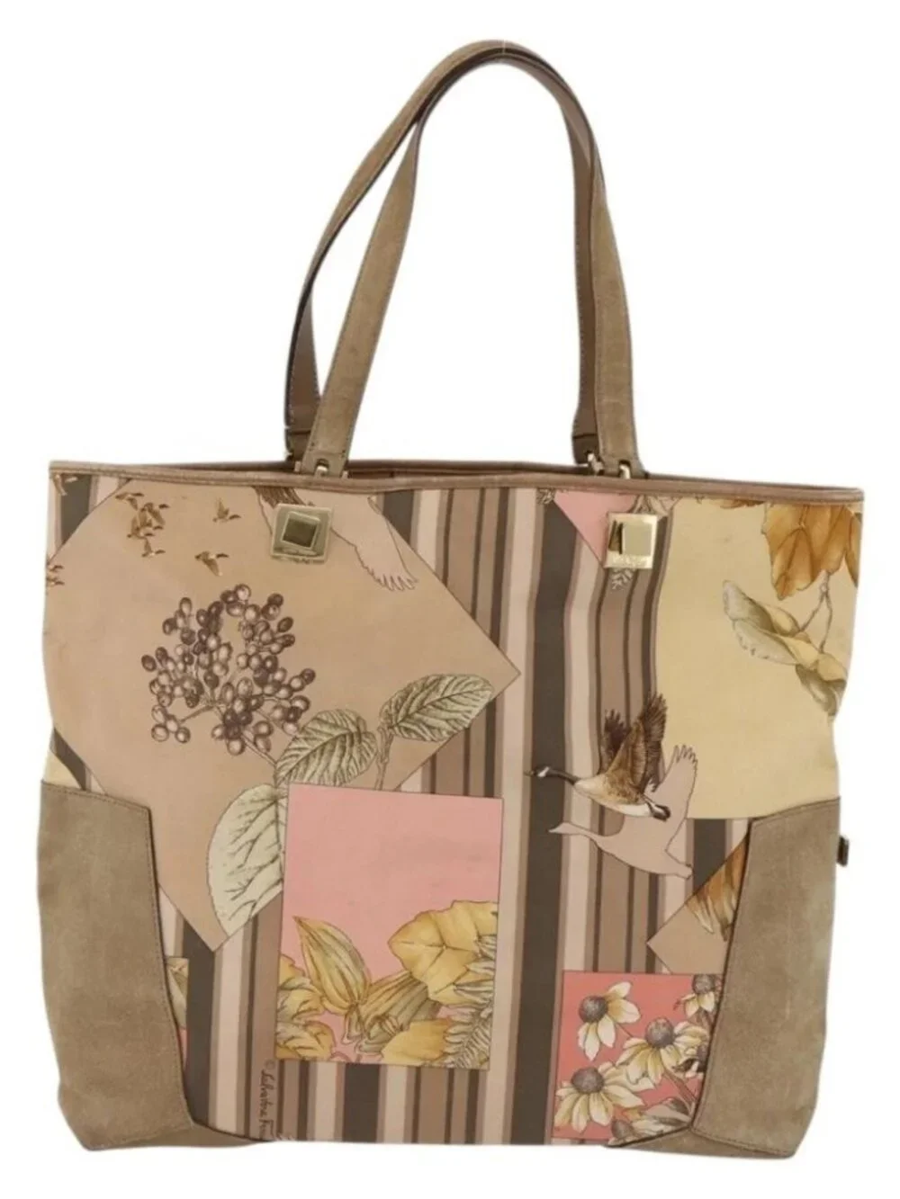 Salvatore Ferragamo Tote Bag Canvas Beige Gold Auth BA11639